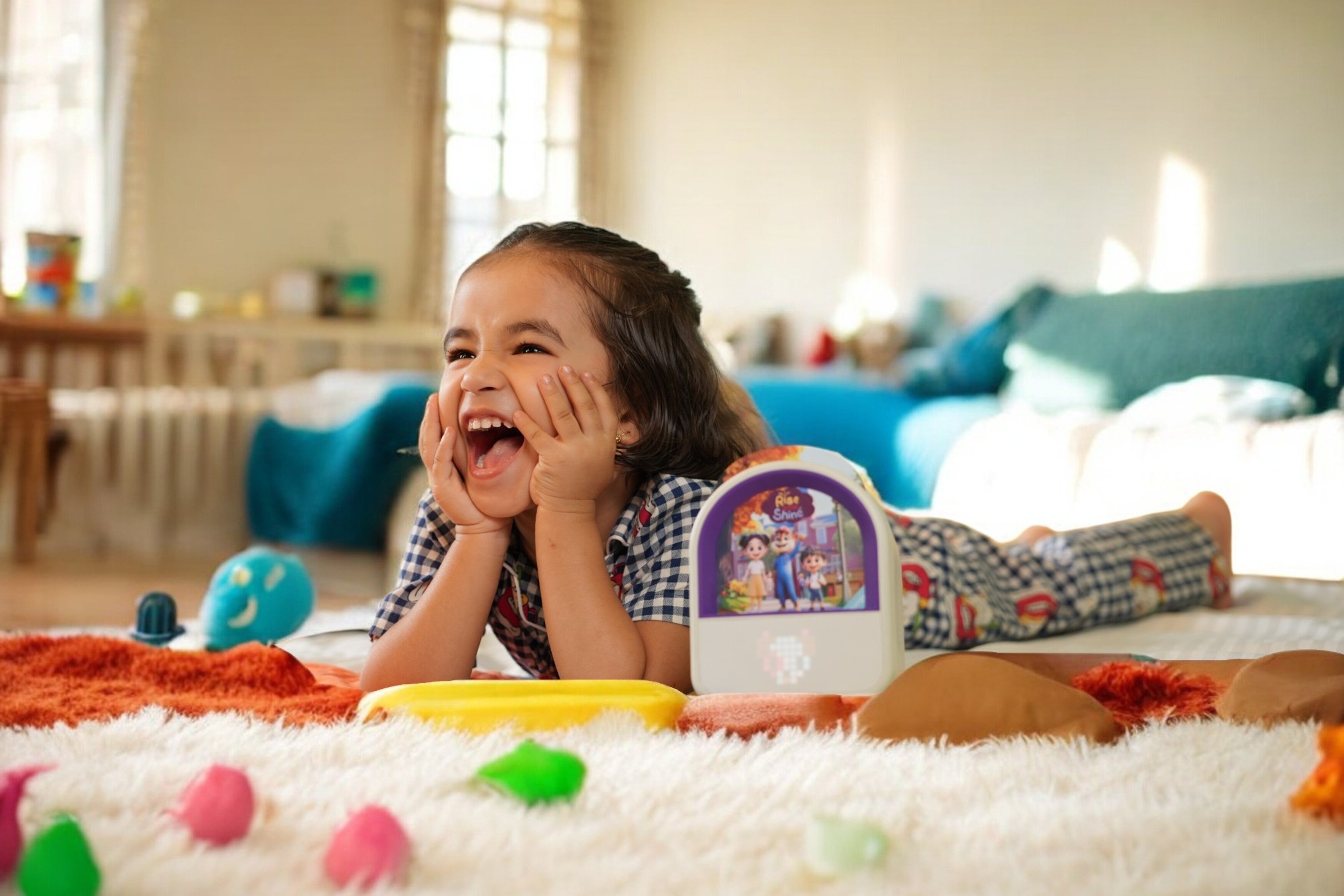 A 4 year old cute girl lying on the bed with Zippy audio player listening to Rise and shine song with joy